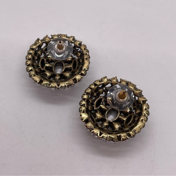 Gold Tone Black Clear Rhinestone Dome Earrings Retro Vibe Super Sparkly - Picture 4 of 5